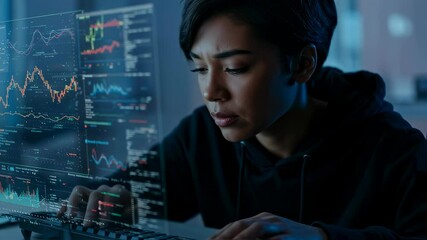 Poster - Woman analyzing financial charts and data on a digital screen. Female financial analyst working with business graphs, statistics for investment analysis footage.