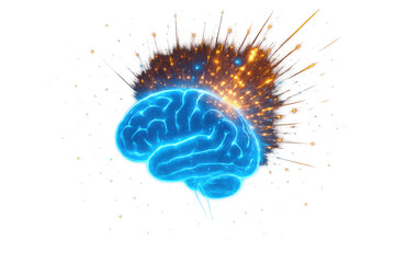 Poster - Luminescent human brain bursting with vibrant orange sparks, symbolizing neural creativity and innovative neurological processes on transparent backdrop