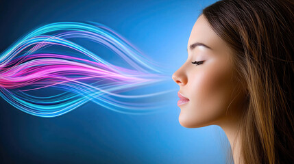 Aufkleber - Woman profile digital light waves blue background serene expression technology futuristic thought flow creativity