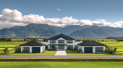 Poster - Modern luxury villa mountain view green field blue sky white facade large windows peaceful elegant