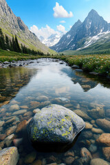 Aufkleber - Clear alpine river mountain landscape wildflower meadow rocky foreground blue sky snow peak tranquil summer