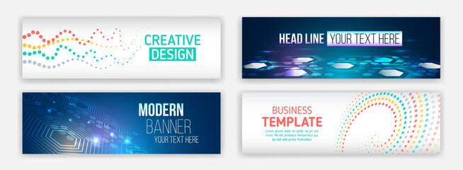 Poster - Collection of colorful and modern web banners featuring abstract dots, tech elements, and futuristic backgrounds. Perfect for business, creative, and digital design projects.