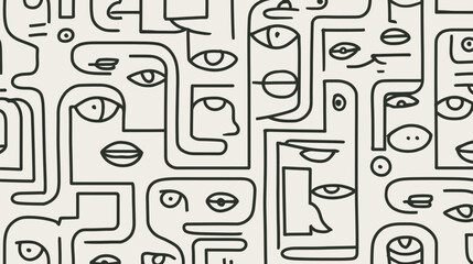Poster - Abstract faces intertwine seamlessly forming pattern background beige
