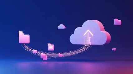 Poster - Files are uploading to a cloud storage system. Data transfer and digital network concept for modern technology solutions animation.