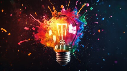 Poster - Colorful Light Bulb with Bright Paint Splashes Creating Artistic Visual Effect for Concept of Creativity, Innovation, and Inspiration