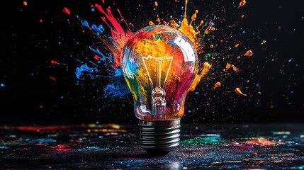 Poster - A Vibrant Light Bulb Surrounded by Paint Splashes in a Dark Environment, Representing Creativity, Inspiration, and Artistic Expression for Stock Imagery