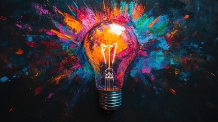 Poster - Vibrant Light Bulb Against Colorful Burst of Paint Splashes on Dark Background, Symbolizing Creativity, Inspiration, and Artistic Expression in Modern Design