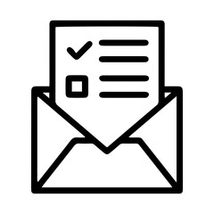 Aufkleber - Outline style image depicts an envelope with a document partially emerging from it, showing a checklist with one item checked, denoting mail containing a list, a task update, or a received form