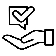 Aufkleber - Outline style image depicts an open hand with a speech bubble containing a checkmark floating above it, symbolizing positive feedback, confirmation received, or a successful outcome delivered