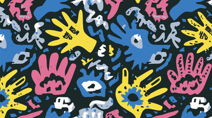 Poster - Colorful hands scatter across speckled background creating abstract patterns