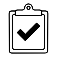 Aufkleber - Outline style image depicts a clipboard with a document showing a large, prominent checkmark, denoting an accepted, verified, fully approved record. Related to successful submissions, data integrity