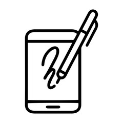 Aufkleber - Outline style image depicts a smartphone with a stylized signature or drawing on its screen, accompanied by a digital pen or stylus, symbolizing digital signature, online drawing, or mobile creativity