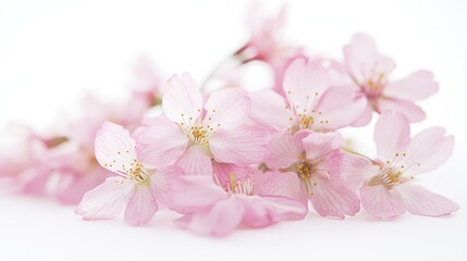 Poster - Delicate Pink Cherry Blossom Petals on Soft White Background Captured in Gentle Light to Reflect the Beauty of Nature and Springtime Serenity