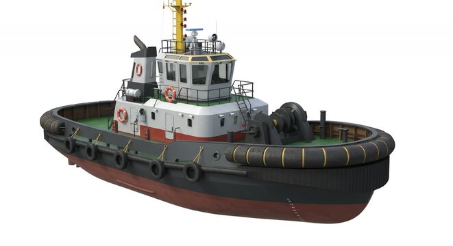Modern Tugboat Isolated by White Screen Featuring Black Hull Red Waterline and Detailed Superstructure in Digital Rendering