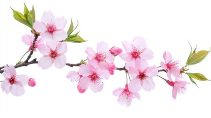 Poster - Delicate Pink Cherry Blossom Branch with Fresh Green Leaves against a White Background, Perfect for Nature and Spring-Themed Designs and Projects