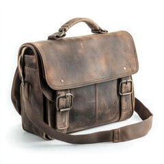 Fototapete - Vintage leather messenger bag with distressed finish, adjustable strap, and multiple compartments showcasing craftsmanship and style for everyday use and travel needs