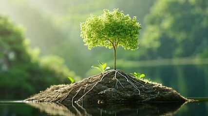 Poster - The Isolated Island of Serenity: A vibrant young tree, its roots exposed and intertwined with the earth, thrives atop a miniature island surrounded by tranquil water.