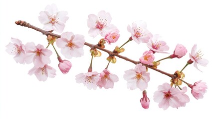 Poster - Delicate Cherry Blossom Branch with Pink Flowers and Buds on a White Background, Symbolizing Spring Renewal and Natural Beauty in Full Bloom
