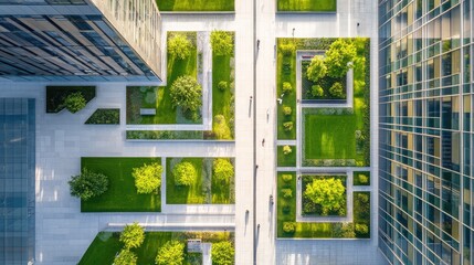 Poster - Aerial View of Urban Green Space Overhead with Geometric Walkways and Lush Grass Surrounded by Modern Architecture and Sunlight Reflection