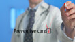 © SnapVault - Doctor wearing a lab coat and stethoscope, checking a box next to the words preventive care displayed on a virtual screen, emphasizes the importance of proactive health management