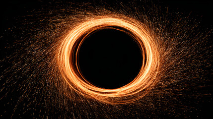 Poster - Circular light painting with orange streaks and sparks on a black background creating a portal effect