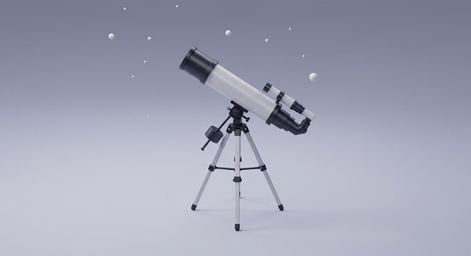 Pixel Art 3D Render of Telescope with White Stars on Gray Background