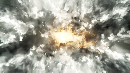 Poster - Abstract explosion of light surrounded by smoky clouds with a bright center and scattered particles