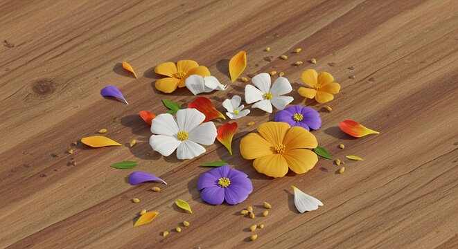 Pixelated Flowers in Yellow White and Purple on Wood Surface in High Angle Full Shot