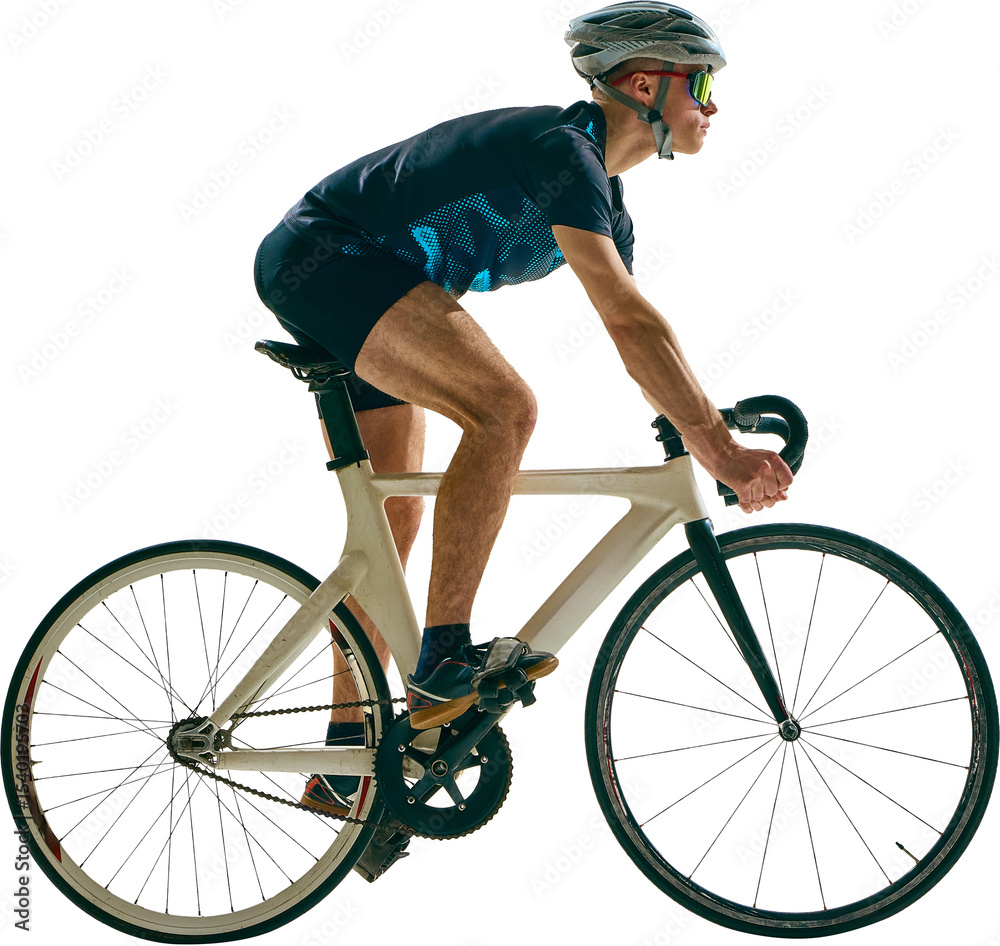 Male athlete in racing outfit riding road bicycle with serious ...