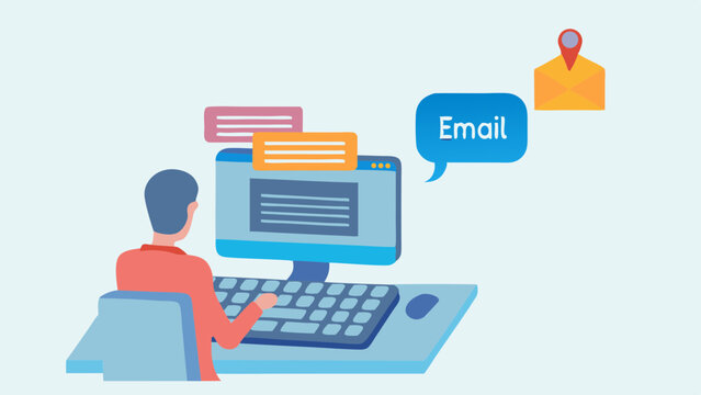 Person using computer with email notification and envelope with location marker graphic shown