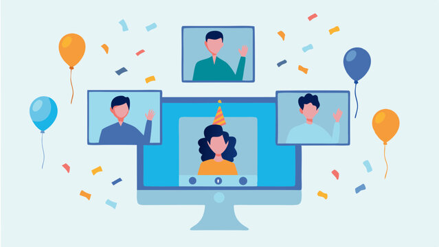 Online birthday party with balloons and confetti on a computer screen showing video call participants waving