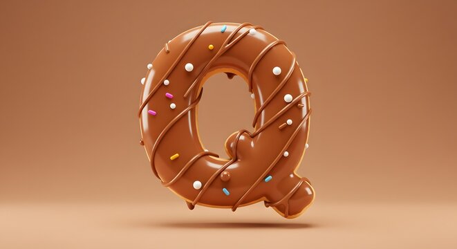 Chocolate Donut Letter Q - Delicious 3D Rendered Alphabet with Sprinkles and Icing on Brown Background