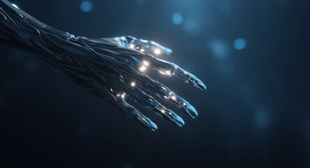 Aufkleber - Futuristic hand made of liquid metal and adaptive alloys showcases advanced smart materials. The hand exhibits transformation capabilities, reflecting light and demonstrating unique design features.