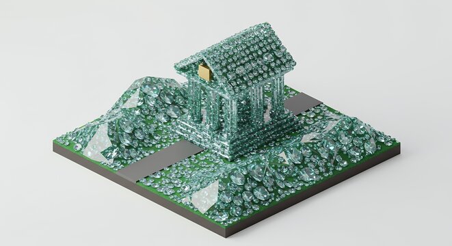 Stylized Pixelated House on an Isometric Landscape in Green and Gray Hues