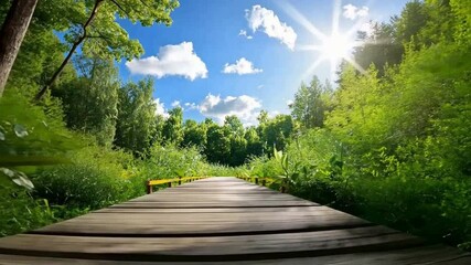 Aufkleber - Pathway to Serenity: A wooden pathway winds through a verdant forest, bathed in the warm embrace of sunlight under a bright blue sky. Inviting and serene.