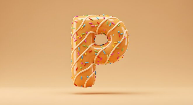 Donut Letter P with Sprinkles, 3D Rendered Sweet Alphabet Font for Bakery, Candy, and Food Concepts