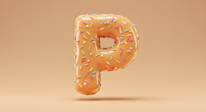 Donut Letter P - Delicious 3D Typography with Sprinkles and Glaze on a Beige Background