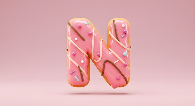 Donut Letter N with Pink Glaze, Sprinkles, and Chocolate Drizzle - Sweet Alphabet for Bakery, Food, and Kids Designs
