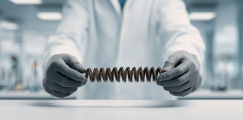 Aufkleber - A man in a lab coat holds a flexible material demonstrating shape memory properties.