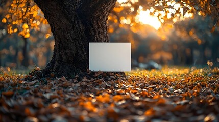 Wall Mural - a blank white gift card rests beneath an autumn tree