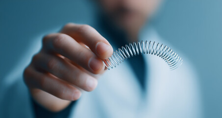 Aufkleber - A man in a laboratory environment demonstrates a shape memory alloy, holding a flexible, coiled material that adapts to different shapes. This showcases advancements in adaptive technologies.