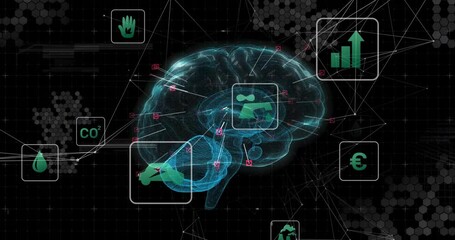 Poster - Illuminating nodes activating rotating brain, icons fading and connecting signals into integration