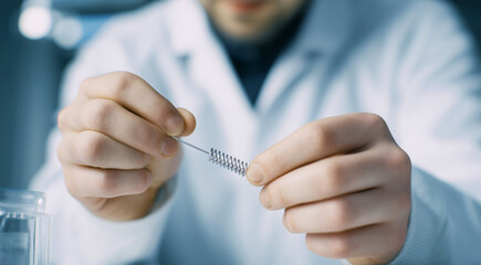 Aufkleber - A researcher in a lab setting examines a shape memory alloy, focusing on its adaptive properties. The work highlights advancements in material science, specifically in the transformation of metals.