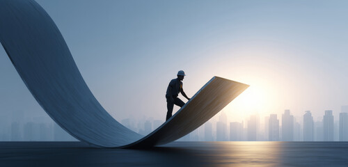 Leinwandbilder - A man wearing a helmet interacts with a large flexible material that waves like a ribbon, illustrating advancements in smart materials and adaptive technologies at sunrise above a city skyline.