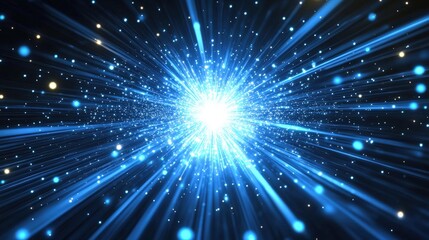 Poster - A bright, radiant burst of blue light with streaks and particles emanating outward in a dynamic, energetic display.