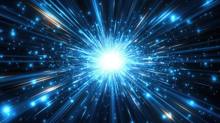 Poster - A bright blue light burst radiates with streaks and sparkles, creating a dynamic, futuristic visual effect resembling energy or a star explosion.