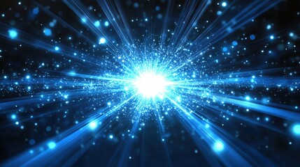 Poster - A radiant burst of blue light with streaks and particles, resembling a futuristic digital explosion or energy beam in a dark space.