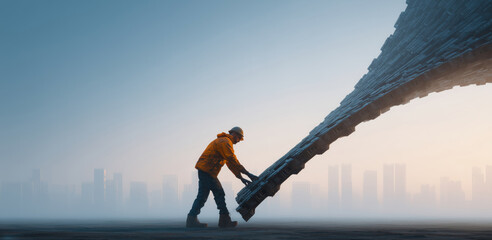 Aufkleber - A man in an orange jacket manipulates a large, adaptive structure made from shape memory alloys and liquid metal. The interaction occurs at dawn, with a city skyline subtly blurred in the background.
