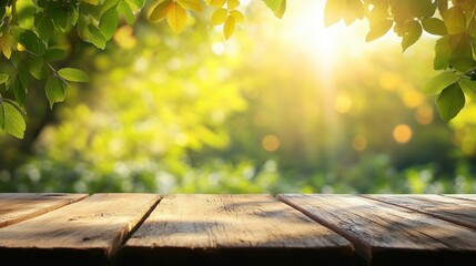 Poster - Sunlight filters through green leaves above a wooden table, creating a warm and inviting outdoor scene.