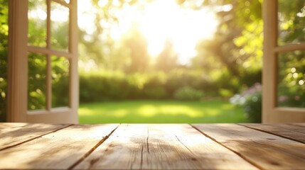 Wall Mural - a sunlit wooden deck opens to a lush, green garden with blurred foliage and bright natural light, ev